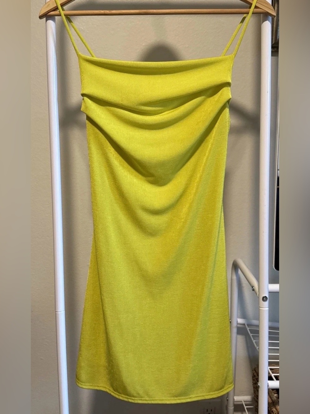 Neon Yellow Cowl Neck Bodycon Mini Slip Dress Stretch Party Size Small